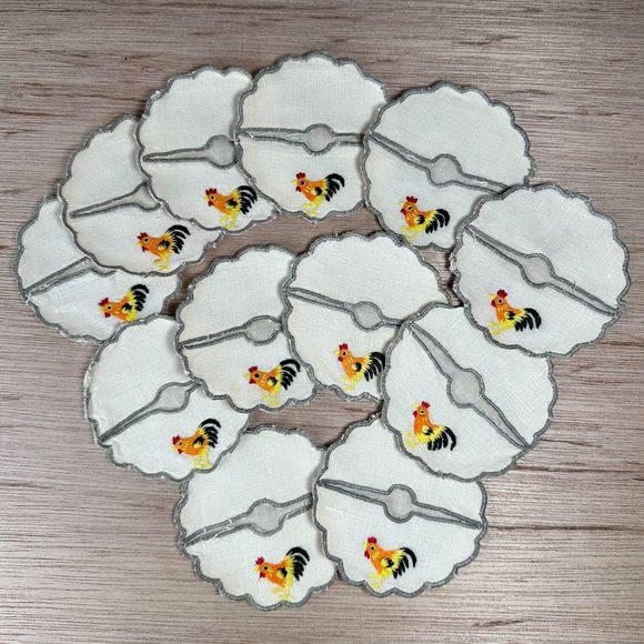 Set of 12 Linen Embroidered Rooster Glass Ware Stem Covers Slippers Coasters - Picture 1 of 11